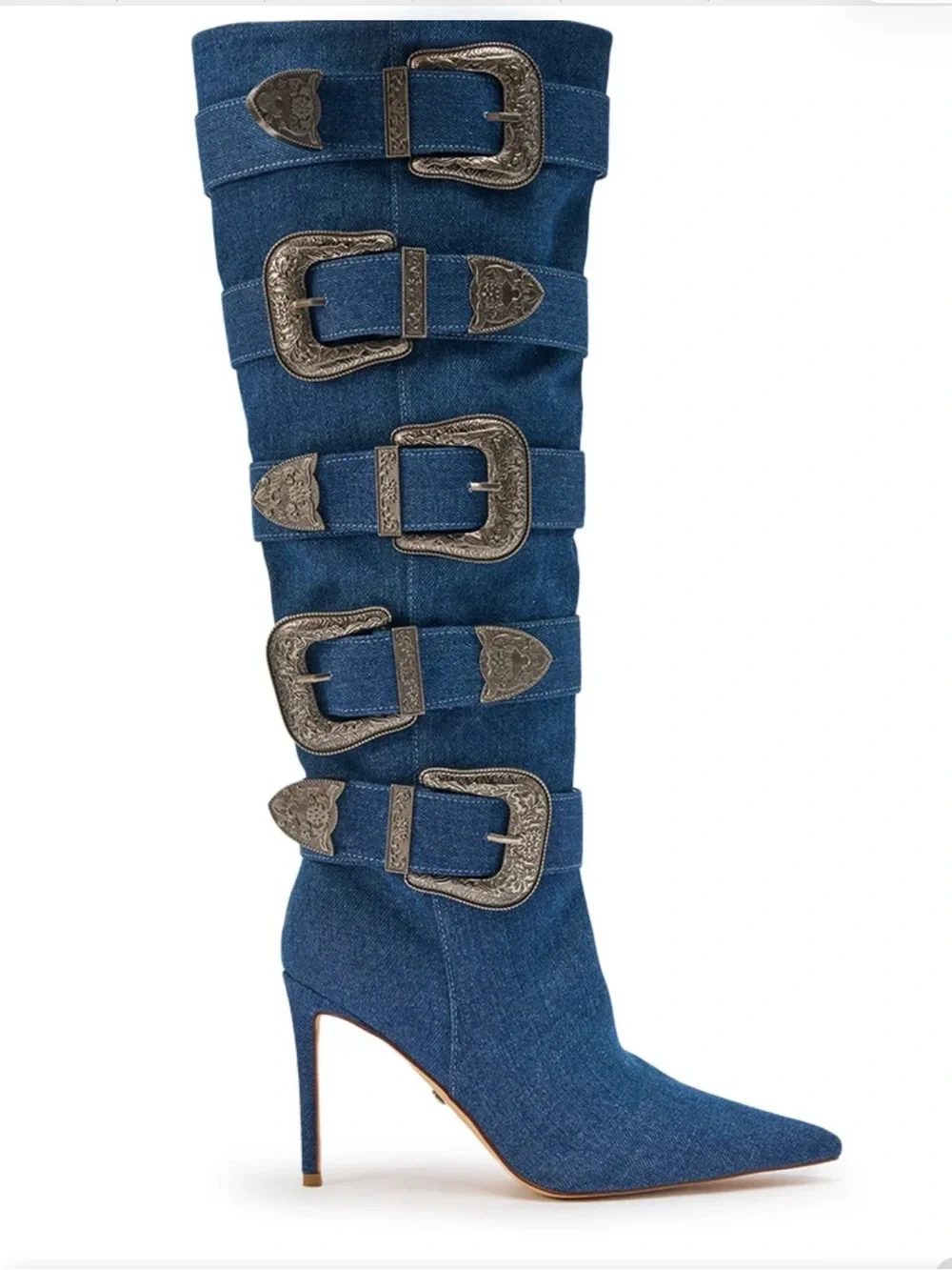 AKIRA Denim Blue Over-the-Knee Buckle Stiletto Boots